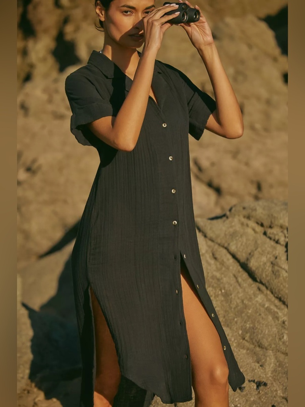 Anthropologie Sz M The Lucia Sheer Midi Button Front 100% Cotton Gauze Dress